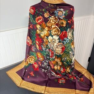 Club 7 Echo Silk Scarf Plum Purple Floral Gold Border Square 34x34 Made in Japan